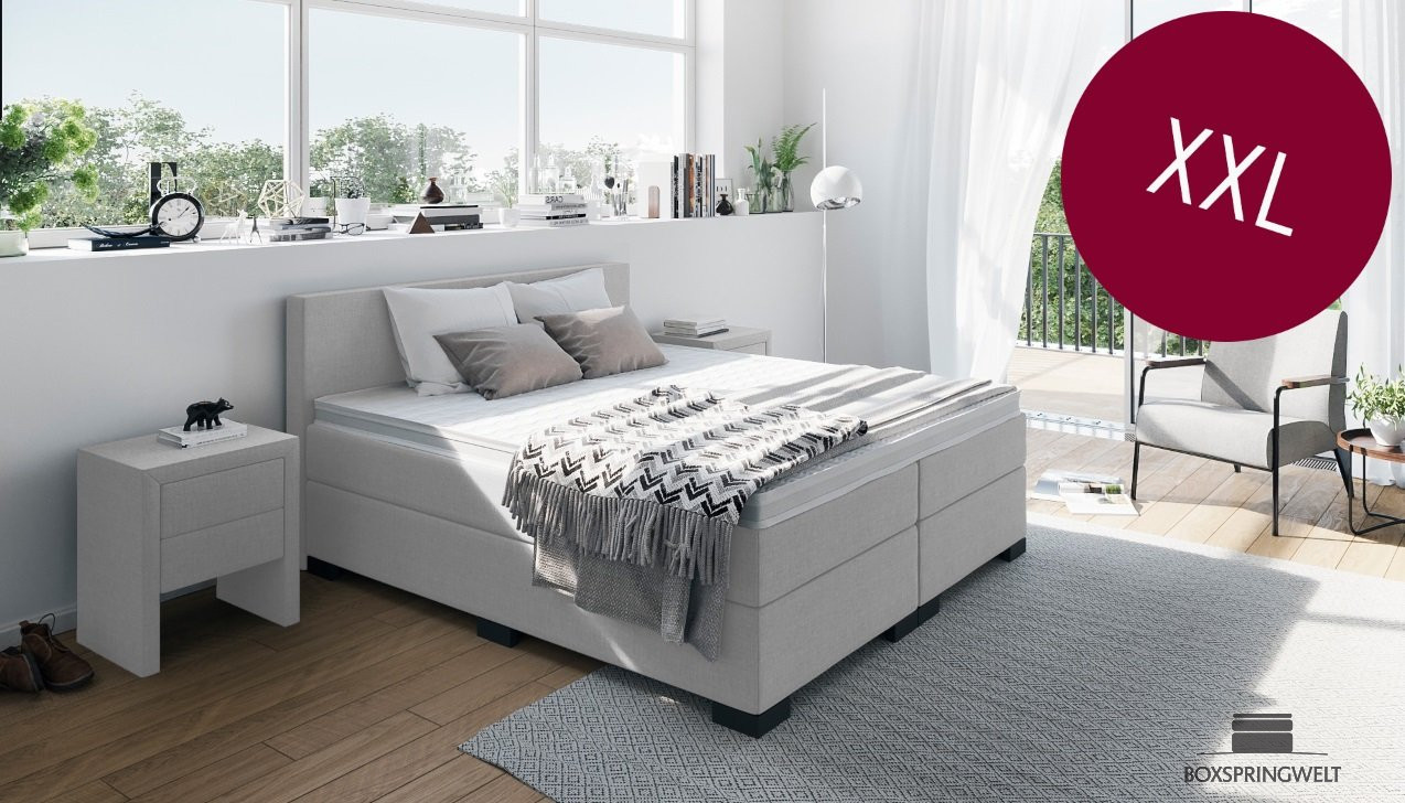 Boxspringbett XXL in Board Hellgrau ; Kopfteil mit 10cm Überstand pro Seite