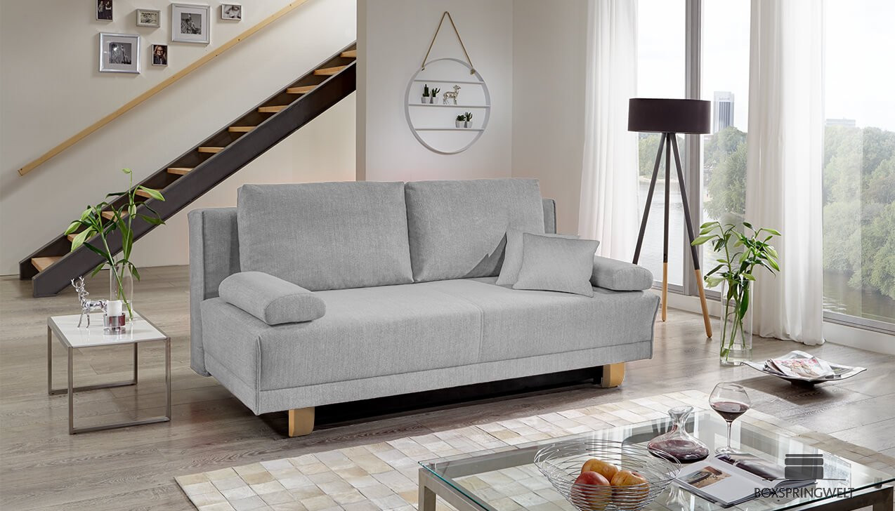 Schlafsofa in Silber – Hellgrau und Füße in Buche Natur 