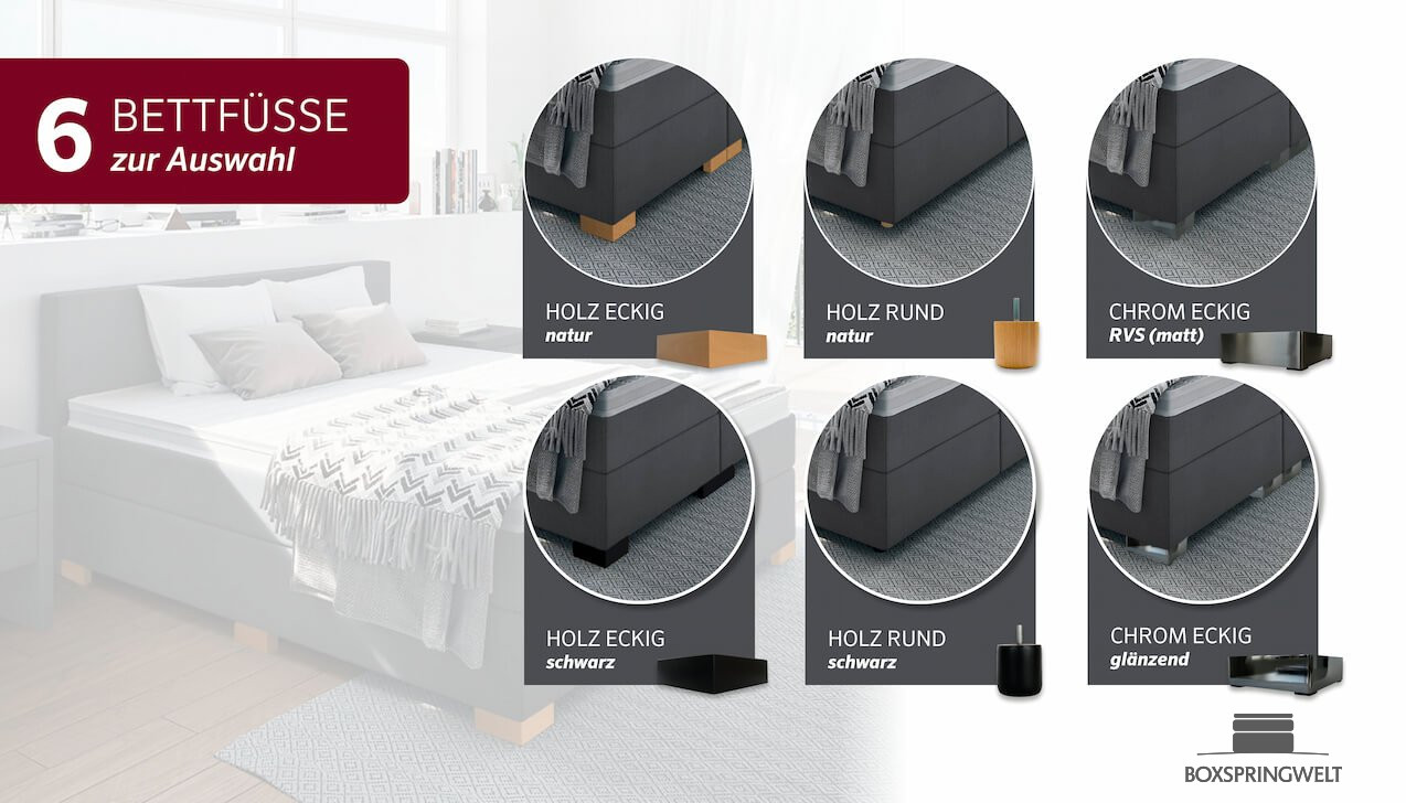 6 Fußvarianten zur Wahl, in Holz oder Chrom