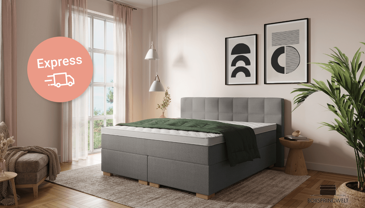 Boxspringbett Ben in Textilbezug Iadera Grau; Kopfteil mit Kassetten