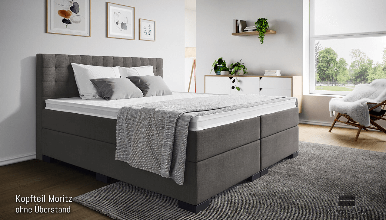 Mit Kopfteil Moritz ohne Seitenabstand. Eckige Füße in Schwarz.