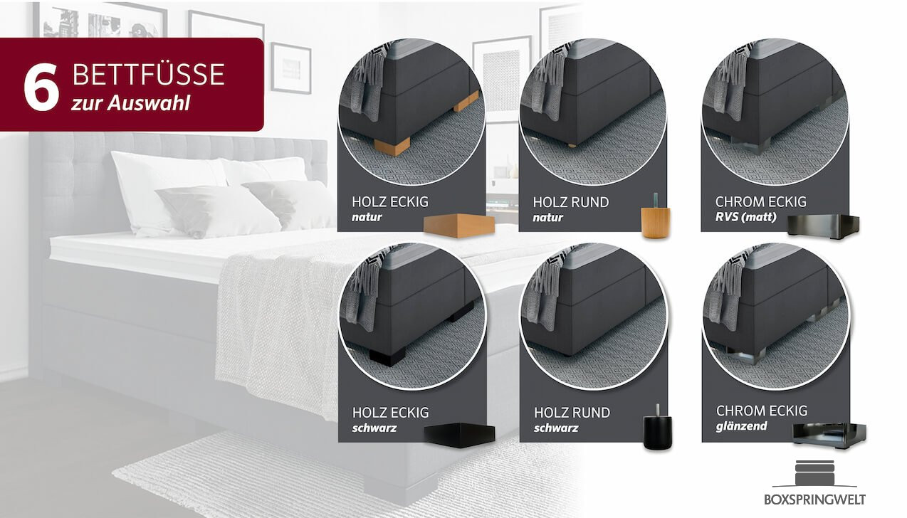 6 Fußvarianten zur Wahl, in Holz oder Chrom
