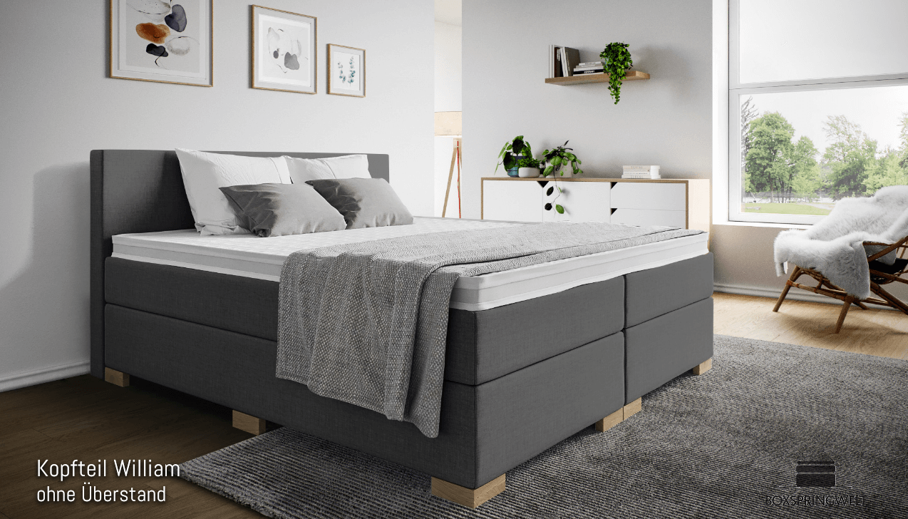 Mit Kopfteil William ohne Seitenabstand. Eckige Füße in Buche.