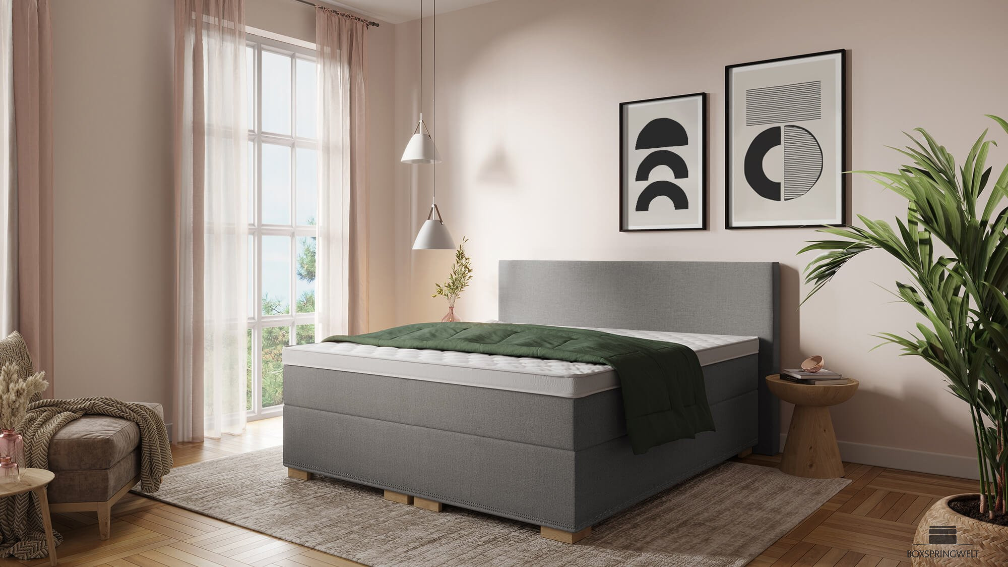 Box mit Husse für durchgehende Optik (Doppelbett), schlichtes Kopfteil 