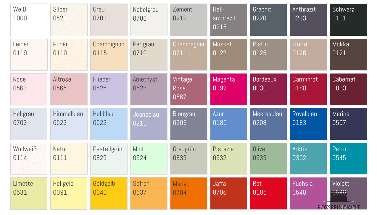 Farbauswahl für Matratze bis 30 cm
