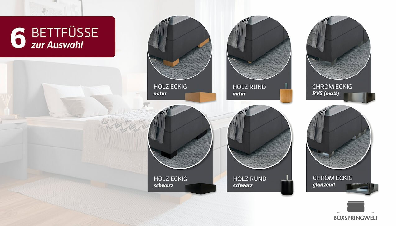 6 Fußvarianten zur Wahl, in Holz oder Chrom
