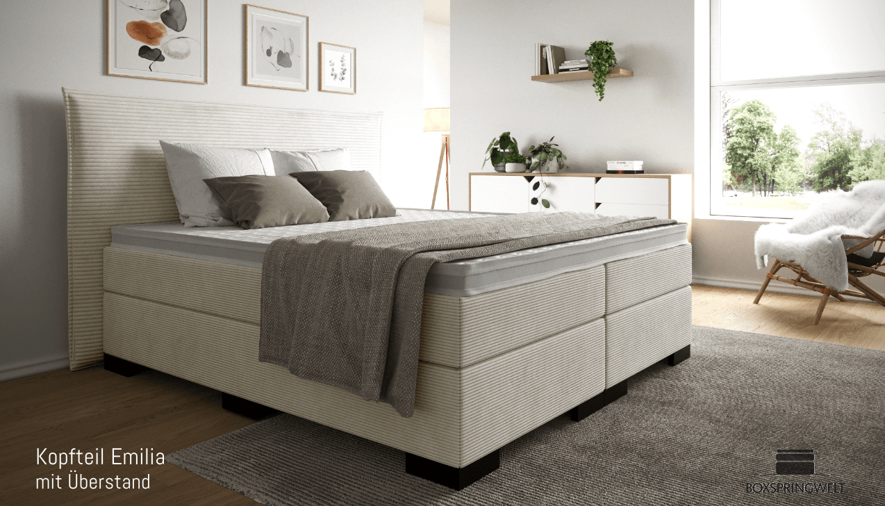 Mit Kopfteil Emilia mit Seitenabstand. Eckige Füße in Schwarz.