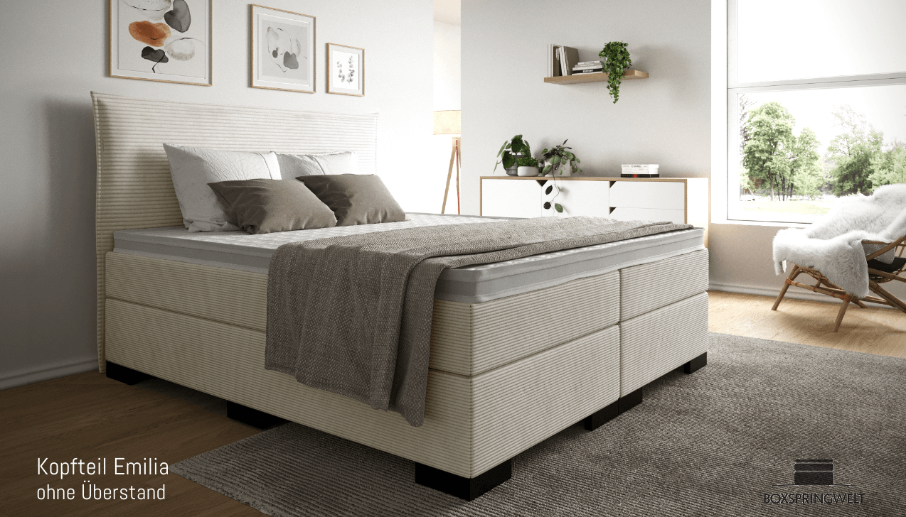 Mit Kopfteil Emilia ohne Seitenabstand. Eckige Füße in Schwarz.