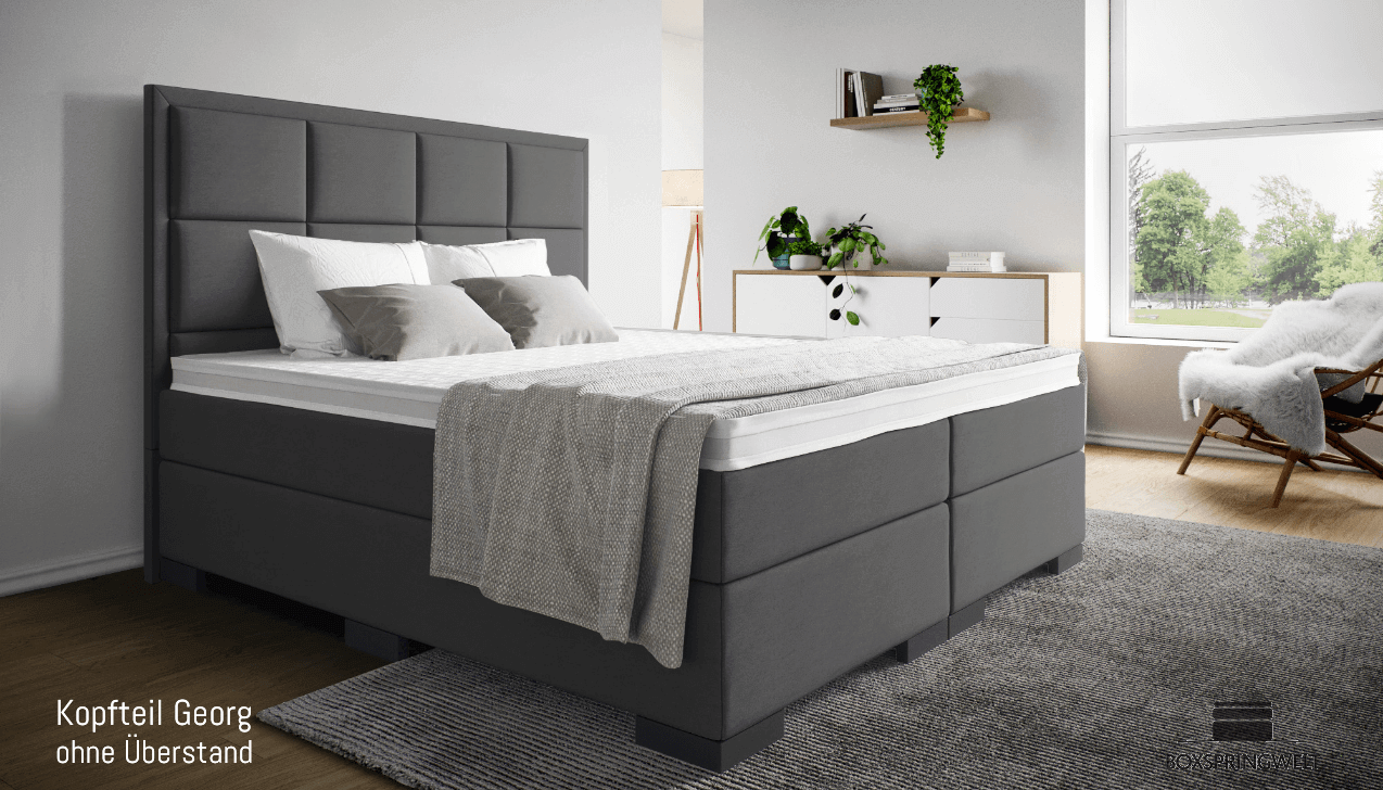 Mit Kopfteil Georg ohne Seitenabstand. Eckige Füße in Schwarz.