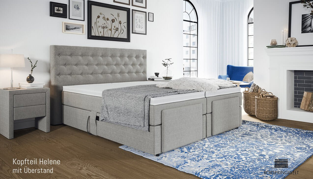 Boxspringbett Phillip 180 x 200 cm mit Kopfteil Helene mit Seitenabstand. 