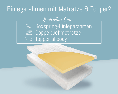 Einlegerahmen mit Matratze und Topper in Schichten dargestellt, Text 'Einlegerahmen mit Matratze & Topper? Bestellen Sie: Boxspring-Einlegerahmen, Doppeltuchmatratze, Topper allbody'