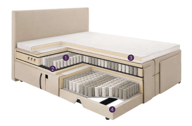 Querschnitt eines Bettes mit Mikrofederkernmatratze und motorischer Verstellung mit nummerierten Bereichen