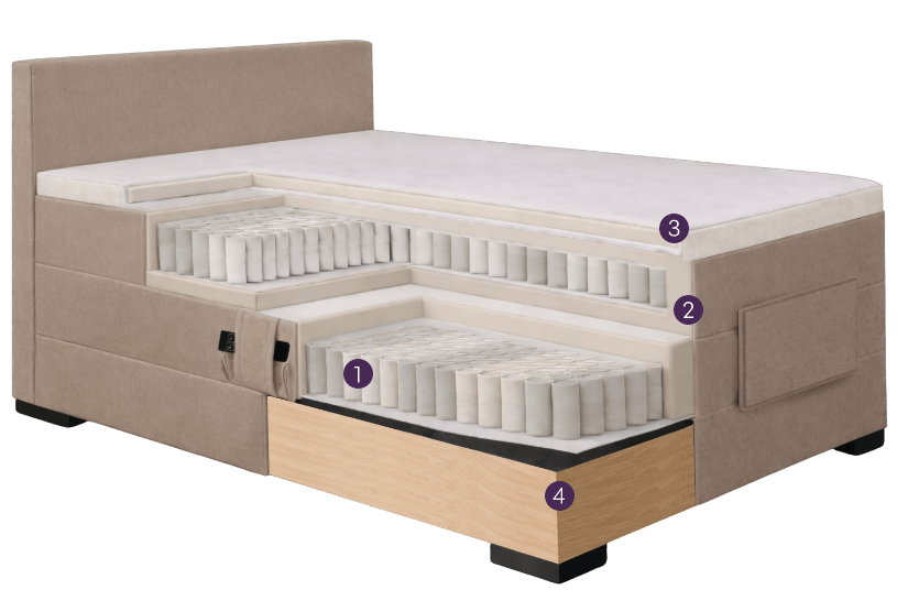 Querschnitt eines Polsterbetts mit sichtbaren Taschenfederkernschichten und Holzunterbau
